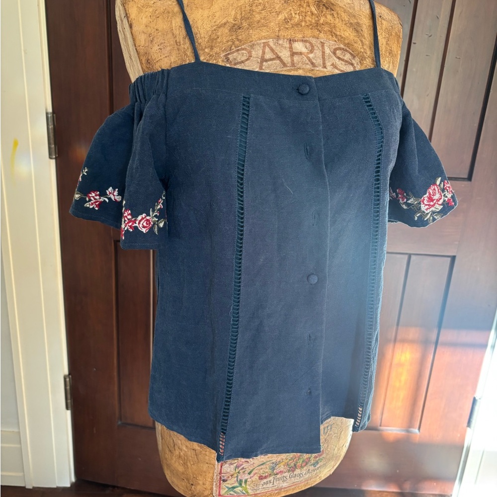 Navy Off-Shoulder Top with Floral Embroidery